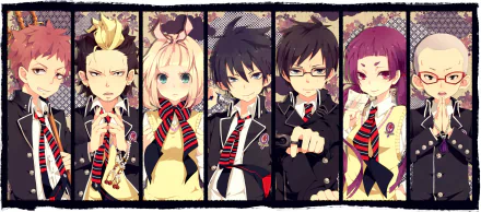 HD anime desktop wallpaper featuring Renzo Shima, Konekomaru Miwa, Shiemi Moriyama, Rin Okumura, Yukio Okumura, Izumo Kamiki, and Ryuji Suguro from Blue Exorcist.