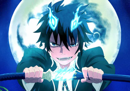 HD anime desktop wallpaper featuring Rin Okumura from Blue Exorcist, gripping a glowing sword with a full moon backdrop, highlighting his intense blue flames.