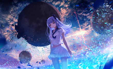 HD desktop wallpaper featuring an anime girl with long silver hair in a white outfit, standing against a cosmic background with planets and vibrant blue hues.