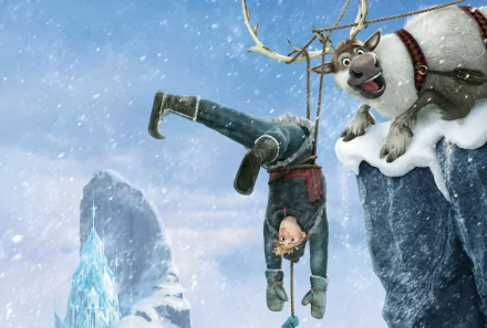 Sven the reindeer and Kristoff from Disney's Frozen interact in a snowy landscape, depicted in vibrant 4K Ultra HD for a desktop wallpaper and background.