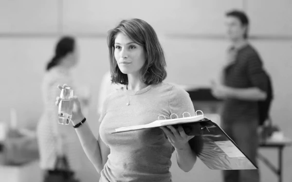 Black-and-white 4K Ultra HD wallpaper featuring Gemma Arterton from the movie Made in Dagenham, holding a binder and water bottle in a workplace setting.