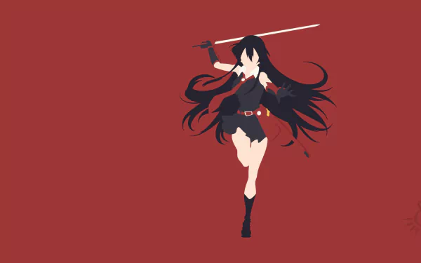A minimalist HD wallpaper featuring Akame from Akame Ga Kill! wielding a katana, dressed in a black outfit with long black hair, set against a bold red background.
