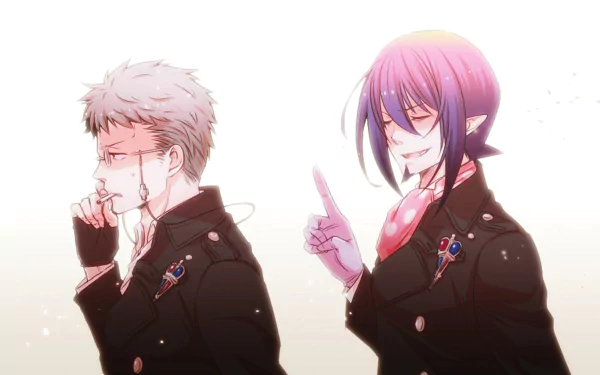 HD anime wallpaper featuring Mephisto Pheles and Shiro Fujimoto from Blue Exorcist, both dressed in dark uniforms with vibrant expressions against a light background.