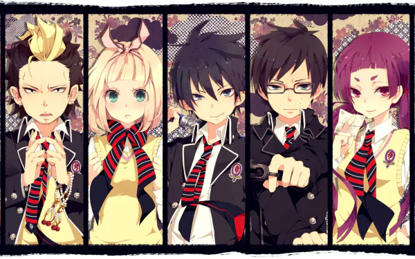 HD anime desktop wallpaper featuring Renzo Shima, Konekomaru Miwa, Shiemi Moriyama, Rin Okumura, Yukio Okumura, Izumo Kamiki, and Ryuji Suguro from Blue Exorcist.