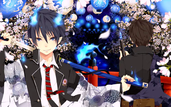 A vibrant HD wallpaper featuring Yukio and Rin Okumura from Ao No Exorcist (Blue Exorcist), set against a backdrop of cherry blossoms and glowing lanterns, showcasing their captivating anime aesthetic.