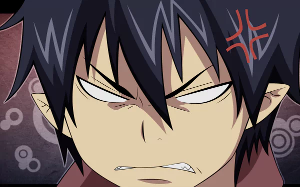 HD PC desktop wallpaper featuring an intense close-up of Rin Okumura from the anime Blue Exorcist with dark hair and an angry expression.