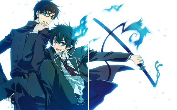 HD anime desktop wallpaper featuring Yukio Okumura and Rin Okumura from Blue Exorcist, with dynamic blue flames and dramatic poses.