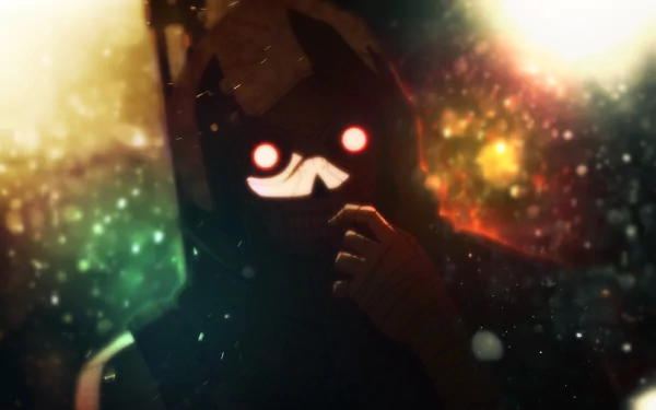 HD PC desktop wallpaper featuring Death Gun from Sword Art Online II, showcasing a dark, mysterious figure with glowing red eyes in a vibrant anime-style background.