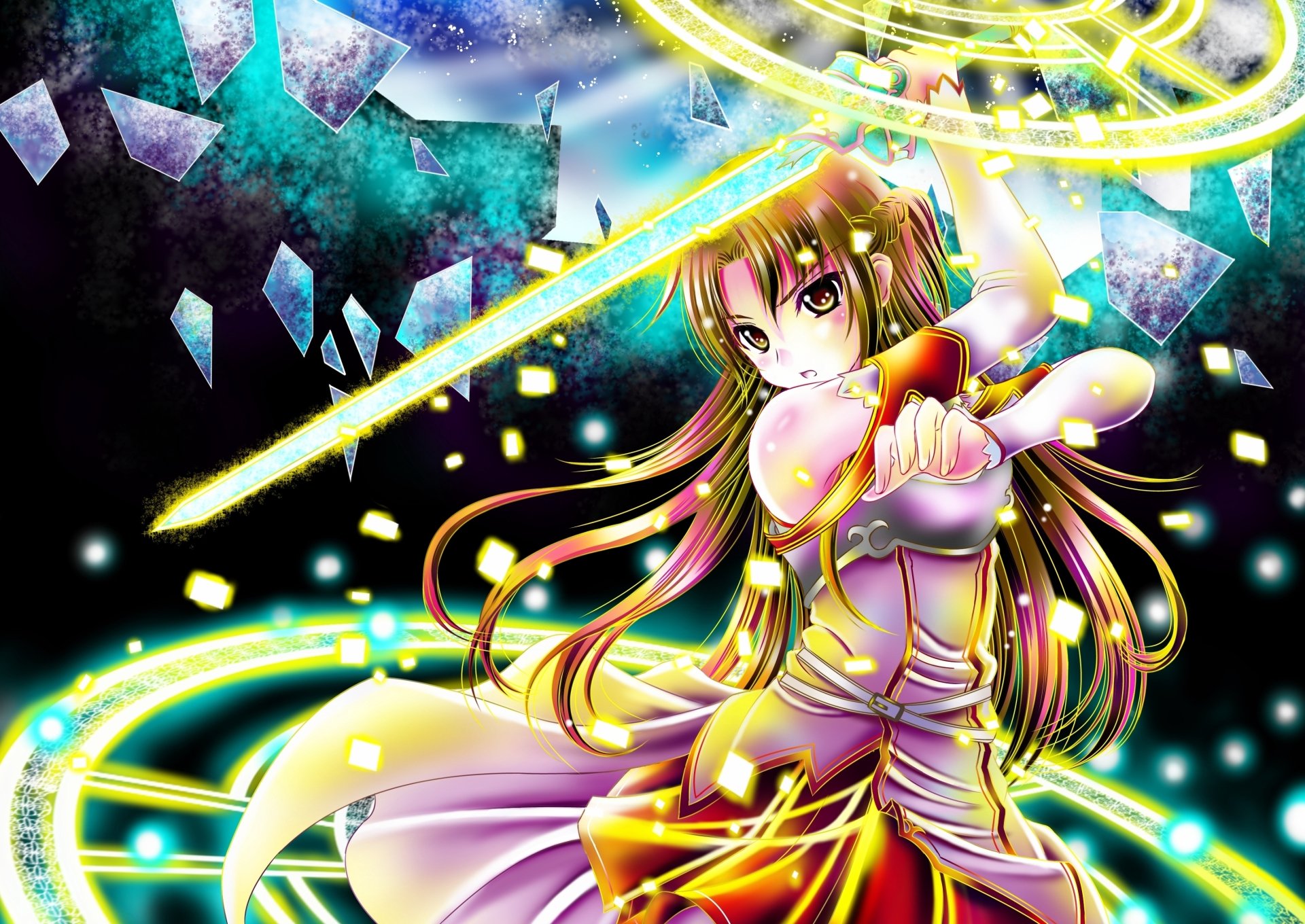 A stunning HD wallpaper featuring Asuna Yuuki from Sword Art Online, showcasing her in action with glowing energy effects and a vibrant, colorful background.