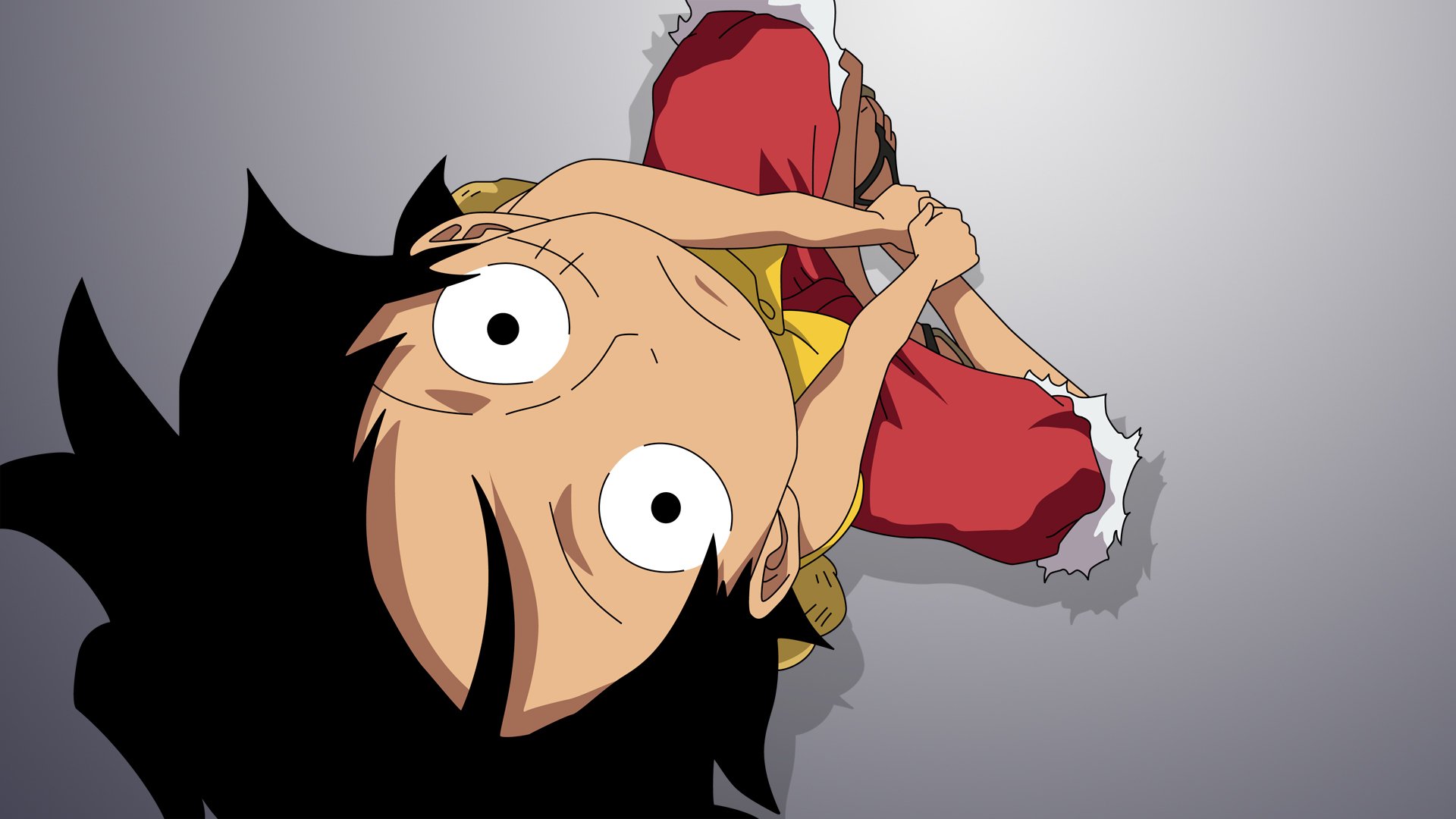 A dynamic HD wallpaper featuring Monkey D. Luffy from the anime One Piece, showcasing his energetic personality as he hangs playfully from a rope.