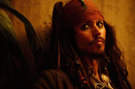 HD wallpaper featuring Jack Sparrow, portrayed by Johnny Depp, from the movie Pirates of the Caribbean: Dead Man's Chest, showcasing his iconic look against a warm, textured background.