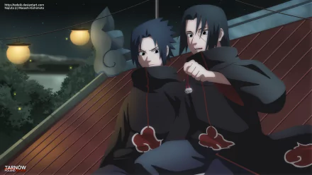 HD desktop wallpaper featuring Itachi and Sasuke Uchiha from Naruto anime, both with black hair, sitting on a rooftop at night with lanterns in the background.
