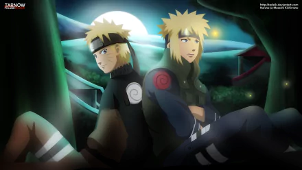HD desktop wallpaper featuring Minato Namikaze and Naruto Uzumaki from the anime Naruto. The characters are sitting back-to-back with a moonlit night in the background.