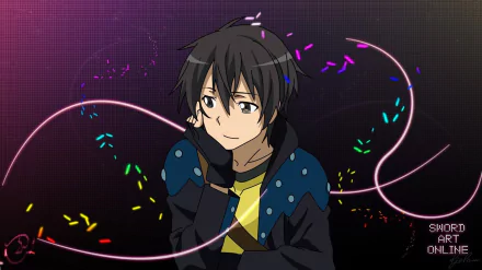 HD PC desktop wallpaper featuring Kirito from the anime Sword Art Online, with vibrant neon light effects on a dark background.