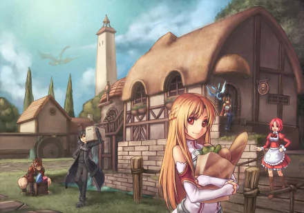 A vibrant HD wallpaper featuring characters from Sword Art Online: Lisbeth, Asuna Yuuki, Kirito, Agil, and Klein, set against a picturesque fantasy village backdrop.