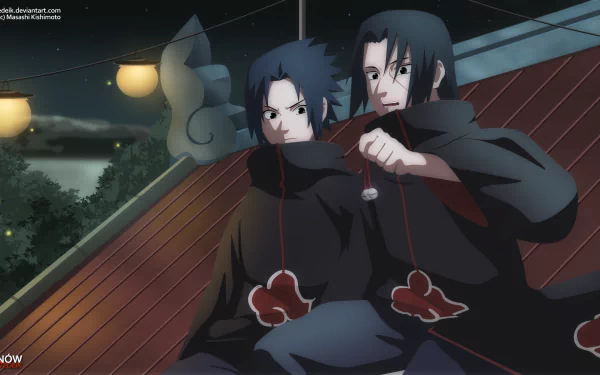 HD desktop wallpaper featuring Itachi and Sasuke Uchiha from Naruto anime, both with black hair, sitting on a rooftop at night with lanterns in the background.