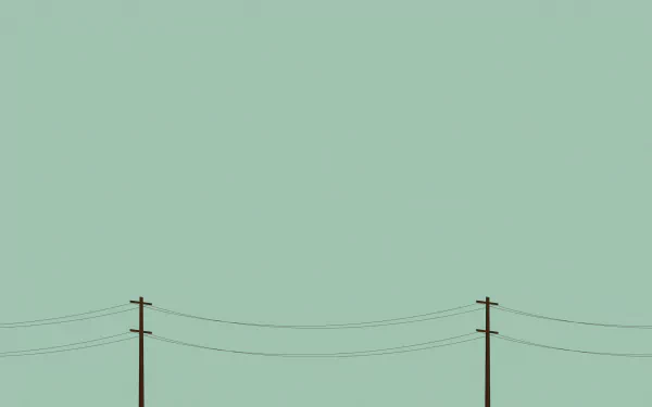 Artistic minimalist HD desktop wallpaper featuring two utility poles connected by power lines against a soft, muted green sky background.