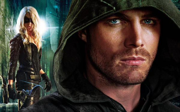 A dynamic HD wallpaper featuring Black Canary alongside Stephen Amell from the TV show Arrow, showcasing the intense atmosphere and heroism of the series.