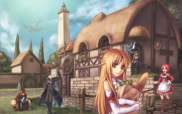 A vibrant HD wallpaper featuring characters from Sword Art Online: Lisbeth, Asuna Yuuki, Kirito, Agil, and Klein, set against a picturesque fantasy village backdrop.
