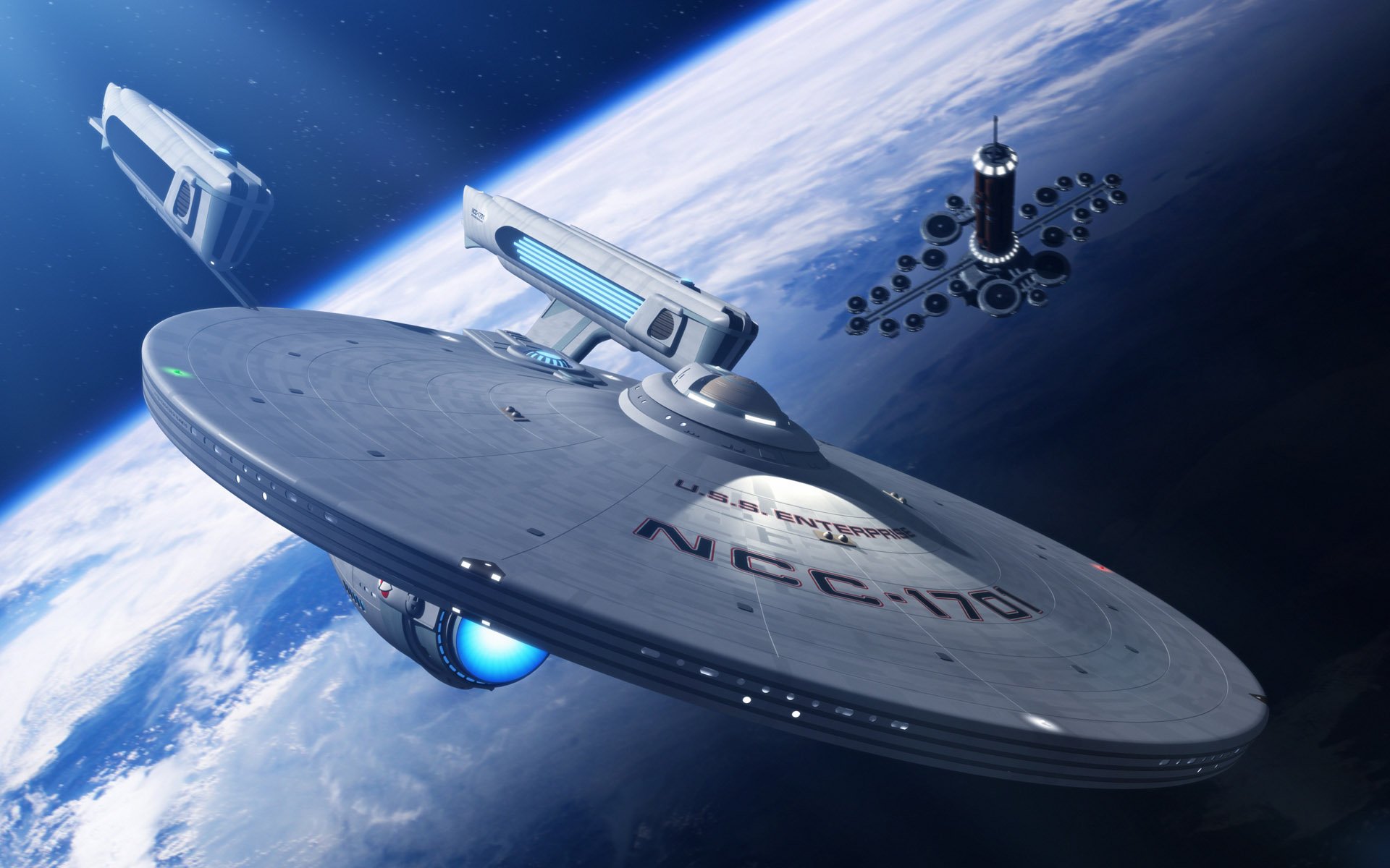 A stunning HD desktop wallpaper featuring a Star Trek-inspired spaceship soaring through space, showcasing a vibrant Earth backdrop and futuristic design elements.