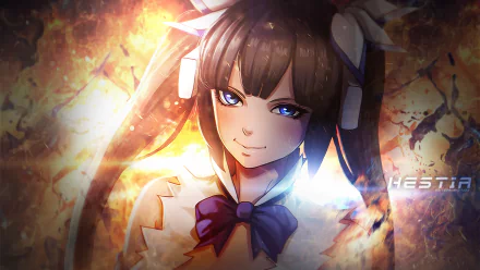 HD anime desktop wallpaper featuring Hestia from Is It Wrong to Try to Pick Up Girls in a Dungeon? with a glowing, fiery background.