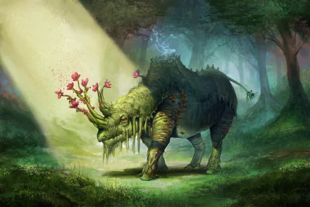 A fantastical rhino adorned with vibrant flowers and moss stands in a lush forest, illuminated by a beam of light, creating a magical atmosphere for this HD desktop wallpaper.