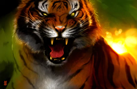 HD fantasy desktop wallpaper featuring a fierce, roaring tiger with glowing eyes against a vibrant, fiery background.
