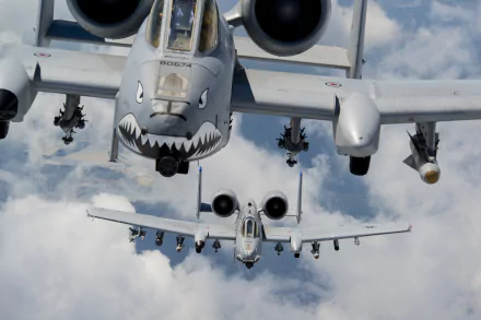 A striking HD desktop wallpaper featuring two Fairchild Republic A-10 Thunderbolt II aircraft soaring through clouds, showcasing their distinctive features and military presence.