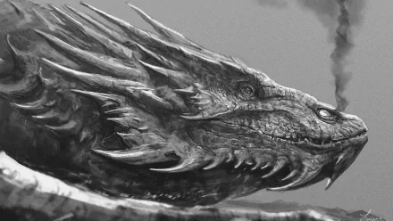 HD fantasy PC desktop wallpaper featuring a detailed grayscale dragon head exhaling smoke with sharp scales and fierce eyes.