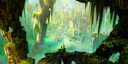 HD wallpaper from *How to Train Your Dragon 2*, featuring a vibrant, mystical landscape with flying dragons and lush greenery.