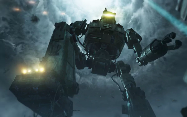 HD desktop wallpaper featuring a dramatic scene from Call Of Duty: Black Ops III, showcasing a giant mechanized robot against a stormy sky.