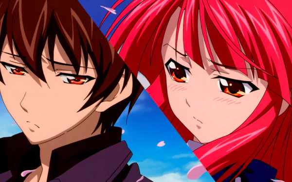 HD PC desktop wallpaper: anime close-up of Kazuma Yagami and Ayano Kannagi from Kaze No Stigma, intense expressions, blue sky and drifting cherry blossom petals.