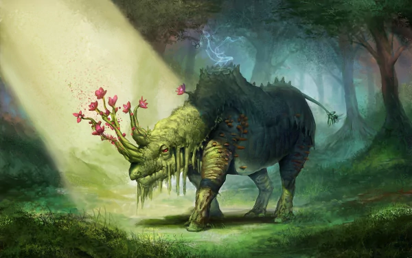 A fantastical rhino adorned with vibrant flowers and moss stands in a lush forest, illuminated by a beam of light, creating a magical atmosphere for this HD desktop wallpaper.