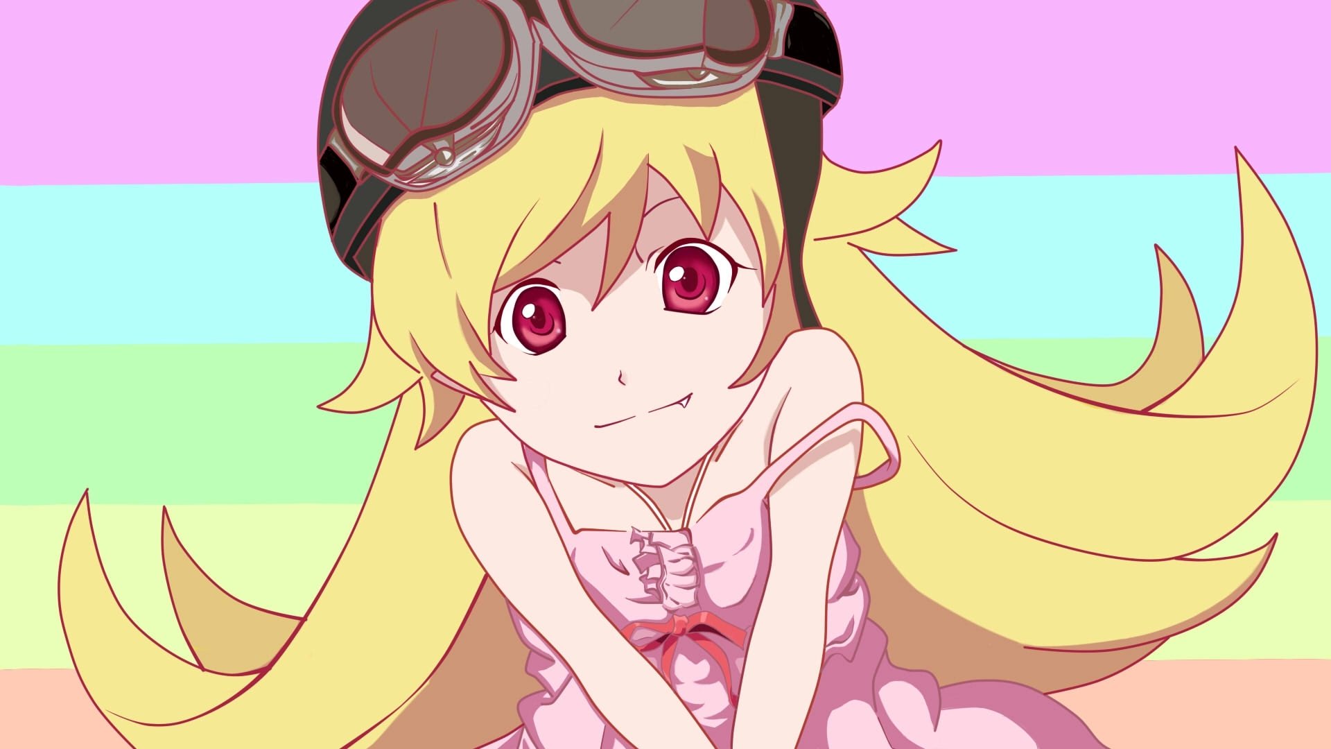 HD PC anime desktop wallpaper of Shinobu Oshino (Monogatari): blonde girl in goggles and pink dress smiling against a pastel striped background.
