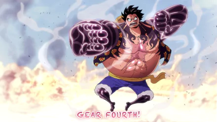 HD desktop wallpaper of Monkey D. Luffy in Gear Fourth form from One Piece, featuring his powerful Haki ability. Luffy stands in a dynamic pose, with a vibrant background showcasing his immense strength.