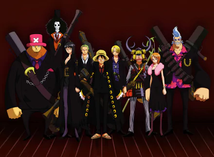 An HD desktop wallpaper featuring the main characters from One Piece: Tony Tony Chopper, Franky, Nami, Usopp, Sanji, Monkey D. Luffy, Roronoa Zoro, Nico Robin, and Brook, all dressed in stylish outfits.