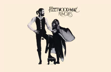 HD desktop wallpaper featuring black and white silhouettes of Fleetwood Mac band members with the Rumours album title in stylized text.