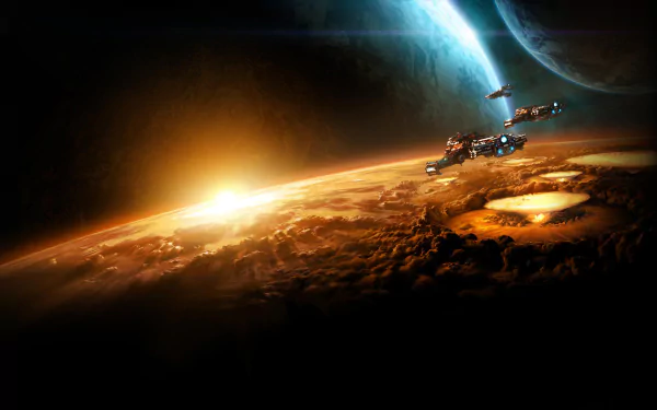 A stunning HD desktop wallpaper from Starcraft II: Wings of Liberty, featuring a spaceship soaring above a planet at sunrise, set against a cosmic horizon.