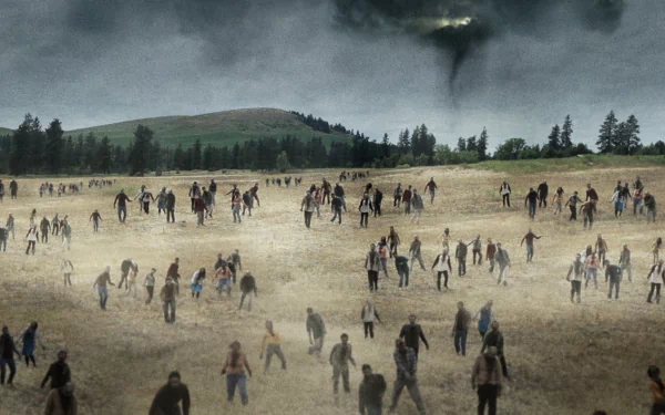 HD desktop wallpaper featuring a vast horde of zombies from the TV show Z Nation advancing across a foggy, open field under a dark, stormy sky.