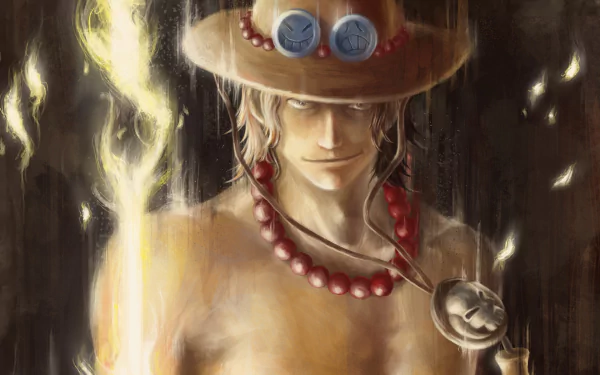 HD desktop wallpaper featuring Portgas D. Ace from the anime One Piece, depicted with his signature hat, flame powers, and beaded necklace against a dark background.