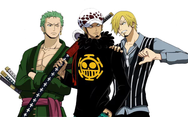 HD desktop wallpaper featuring Sanji, Trafalgar Law, and Roronoa Zoro from the anime One Piece, standing together in their iconic outfits.
