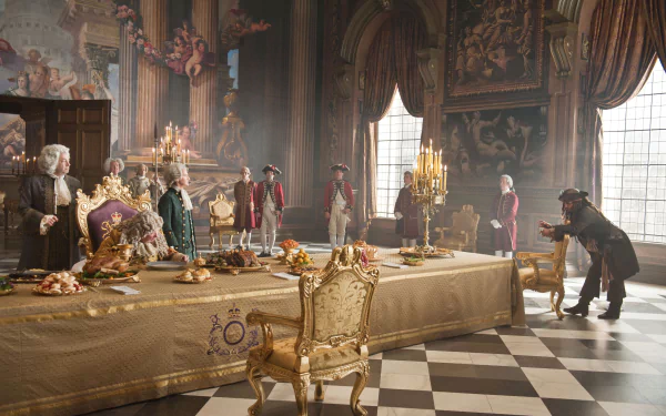 A detailed 4K Ultra HD wallpaper from Pirates of the Caribbean: On Stranger Tides featuring Johnny Depp as Jack Sparrow in an opulent, candlelit banquet hall.