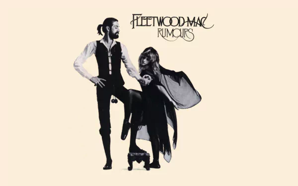 HD desktop wallpaper featuring black and white silhouettes of Fleetwood Mac band members with the Rumours album title in stylized text.