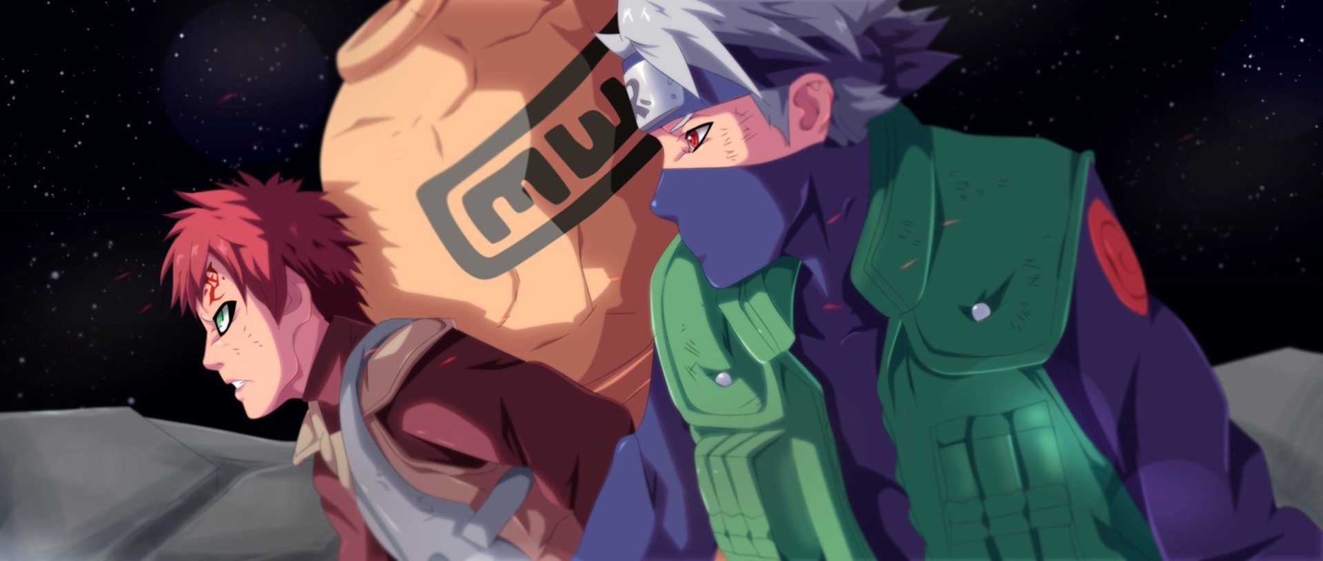 A vibrant HD wallpaper featuring Gaara and Kakashi Hatake from the anime Naruto, capturing their iconic styles and intense expressions against a dramatic background.