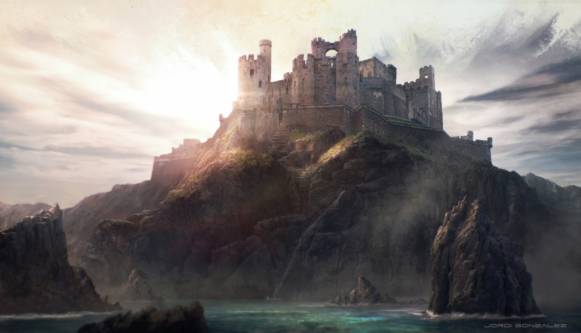 HD fantasy desktop wallpaper depicting a majestic castle perched on a rocky cliff, inspired by The World of Ice & Fire.