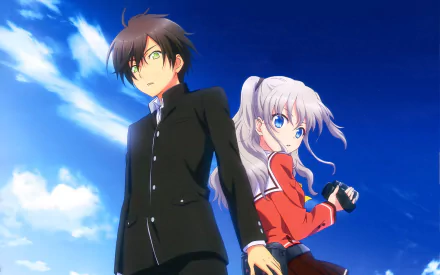 HD desktop wallpaper featuring Yū Otosaka with brown hair and green eyes, and Nao Tomori with white hair and blue eyes, both in school uniforms, from the anime Charlotte. Nao holds a camera, with a vibrant sky backdrop.