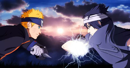 HD desktop wallpaper depicting Naruto Uzumaki and Sasuke Uchiha from the anime Naruto, locked in an intense confrontation with a dramatic sunset background.