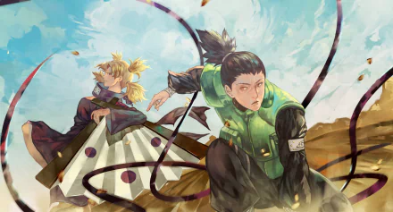 A dynamic HD wallpaper featuring Temari and Shikamaru Nara from Naruto, captured in an action-packed scene with swirling winds and dramatic skies.