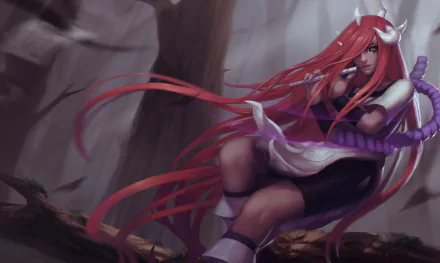 This HD wallpaper features Tayuya from Naruto, depicted sitting gracefully on a tree branch, surrounded by a mystical forest atmosphere.