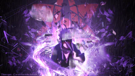 A stunning HD desktop wallpaper featuring Sasuke Uchiha from the anime Naruto, surrounded by swirling purple energy and a dramatic background.